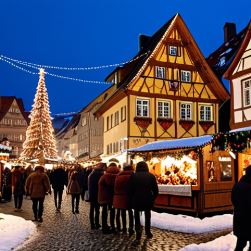 Home 7 A bustling traditional German Christmas market scene in a historic city square, with snow gently falling on cobblestone streets. Illuminated Fachwerk houses line the square, adorned with festive lights and garlands. People in warm winter attire are enjoying Glühwein and roasted almonds, surrounded by artisan stalls. The air is filled with the cozy glow of string lights and the aroma of gingerbread.