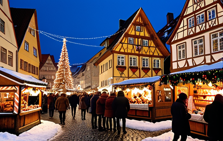 A bustling traditional German Christmas market scene in a historic city square, with snow gently falling on cobblestone streets. Illuminated Fachwerk houses line the square, adorned with festive lights and garlands. People in warm winter attire are enjoying Glühwein and roasted almonds, surrounded by artisan stalls. The air is filled with the cozy glow of string lights and the aroma of gingerbread.