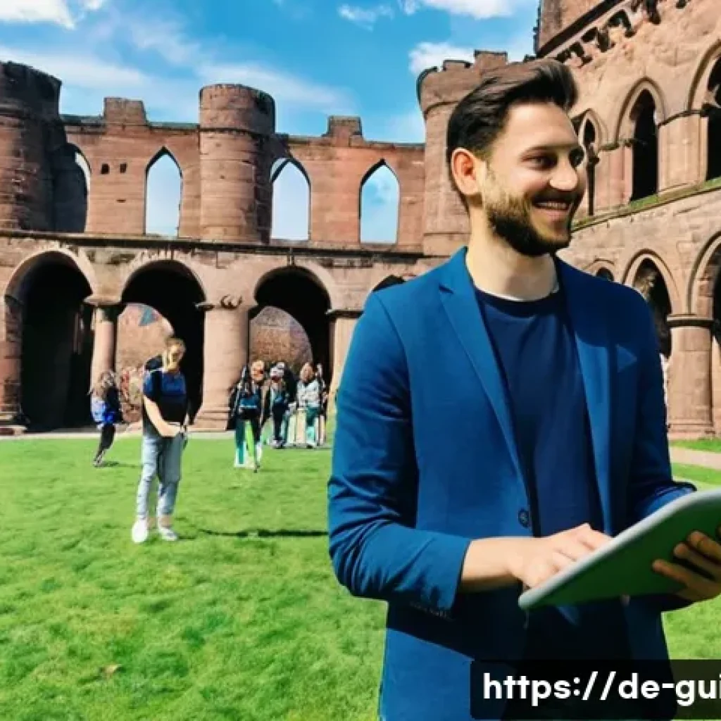 관광통역안내사 실무에서의 기술 활용법 - **Prompt 1: Augmented Reality Experience at a Historic German Castle**
    A diverse group of touris...