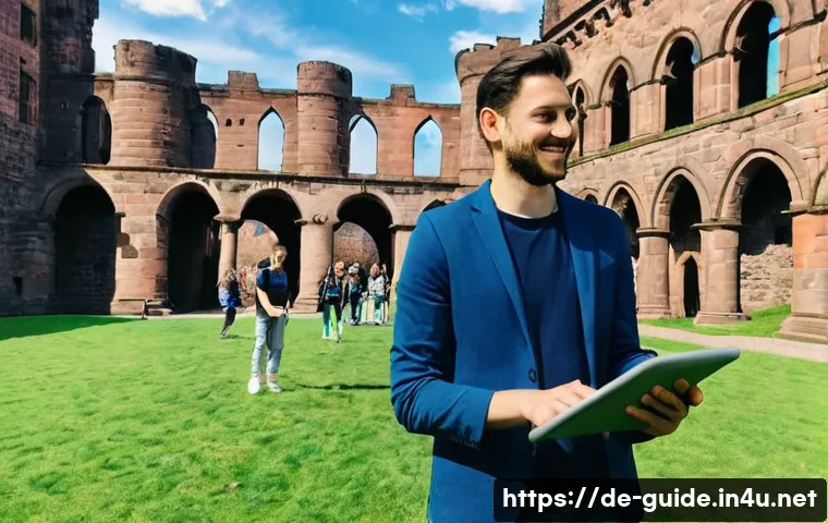 관광통역안내사 실무에서의 기술 활용법 - **Prompt 1: Augmented Reality Experience at a Historic German Castle**
    A diverse group of touris...