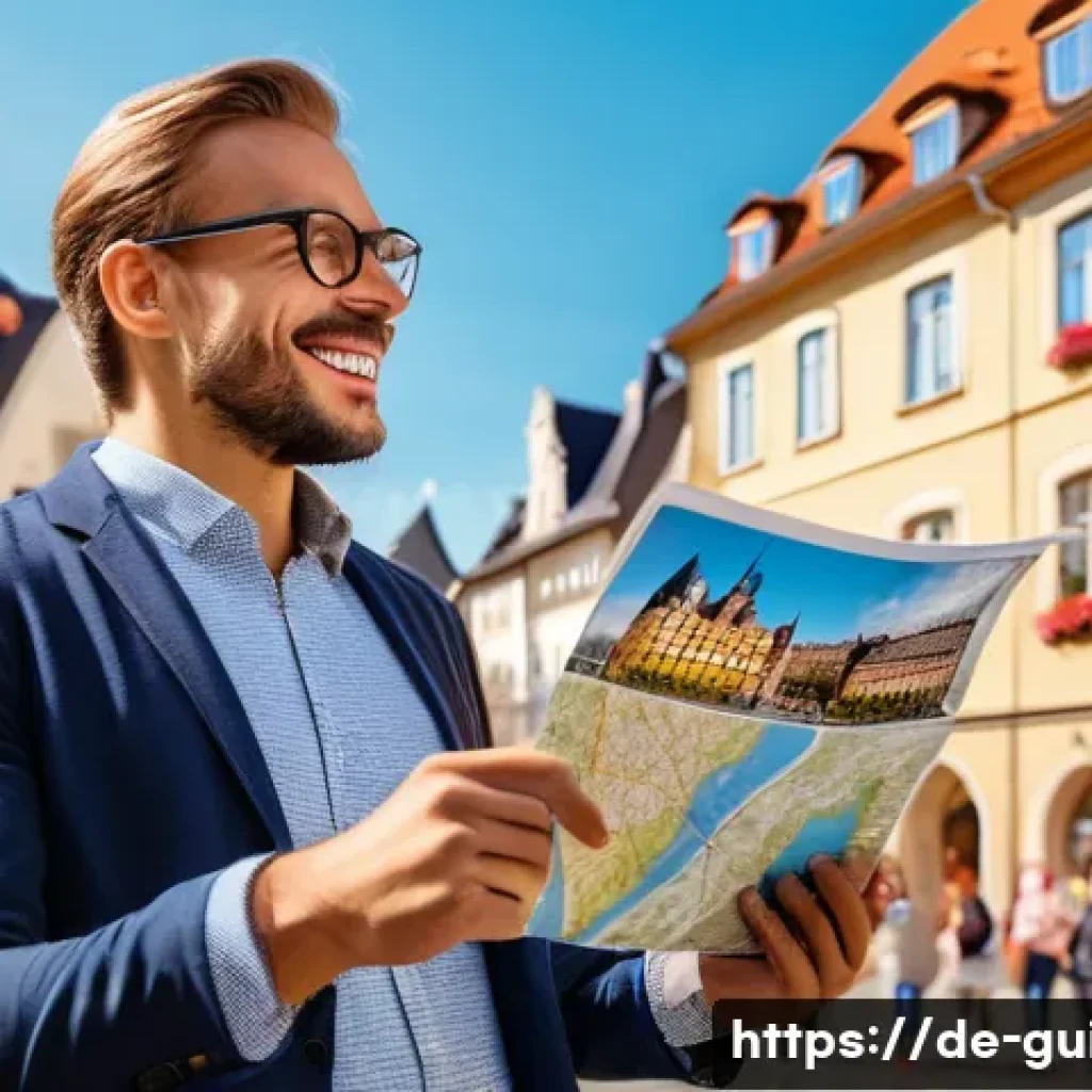 관광통역안내사로서 여행 상품 구성의 이해 - A professional German tour guide interacting warmly with a diverse group of travelers in a scenic Eu...