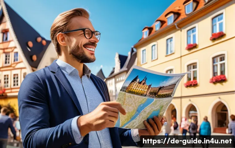 관광통역안내사로서 여행 상품 구성의 이해 - A professional German tour guide interacting warmly with a diverse group of travelers in a scenic Eu...