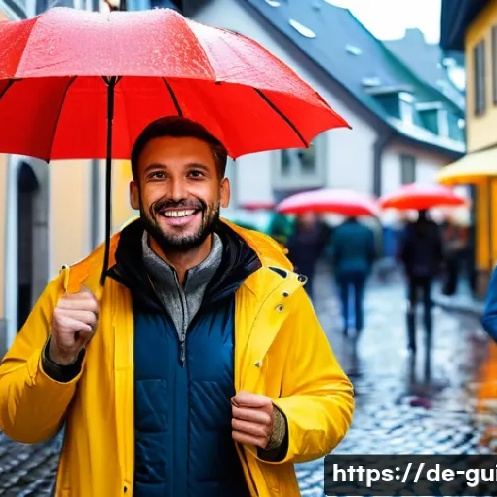 관광통역안내사로서 고객 감동 서비스 사례 - A cheerful tour guide warmly smiling and engaging with a diverse group of tourists on a rainy day in...