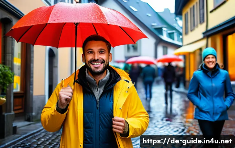 관광통역안내사로서 고객 감동 서비스 사례 - A cheerful tour guide warmly smiling and engaging with a diverse group of tourists on a rainy day in...