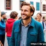 Home 20 관광통역안내사로서 고객 만족도 조사 활용법 - A friendly German tour guide engaging a diverse group of tourists in an outdoor historical city sett...