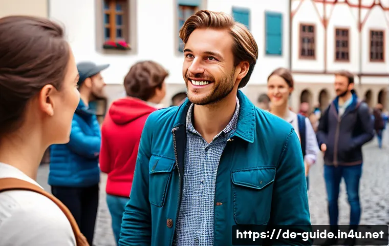 관광통역안내사로서 고객 만족도 조사 활용법 - A friendly German tour guide engaging a diverse group of tourists in an outdoor historical city sett...