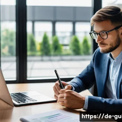Home 31 관광통역안내사 근무 일지 작성법 - A professional tour guide seated at a wooden desk in a bright, modern office in Germany, diligently ...