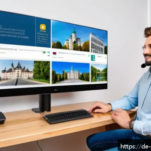 Home 30 관광통역안내사 직업으로서의 성장 가능성 - A professional interpreter conducting a virtual guided tour from a modern home office setup, featuri...