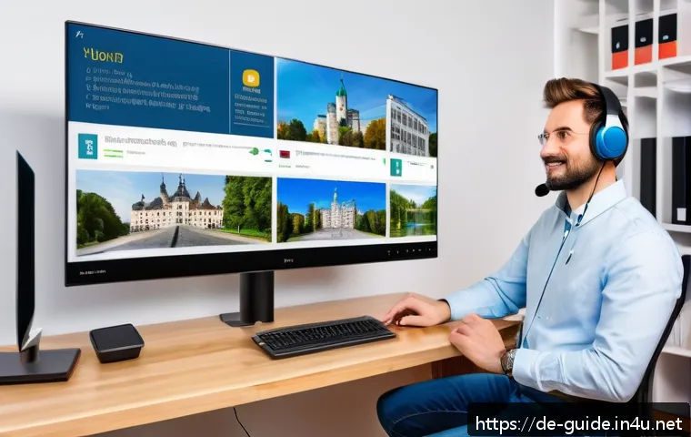 관광통역안내사 직업으로서의 성장 가능성 - A professional interpreter conducting a virtual guided tour from a modern home office setup, featuri...