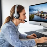 Home 23 관광통역안내사 직업 관련 트렌드 - A professional female interpreter working remotely from a cozy, modern home office in Germany, weari...