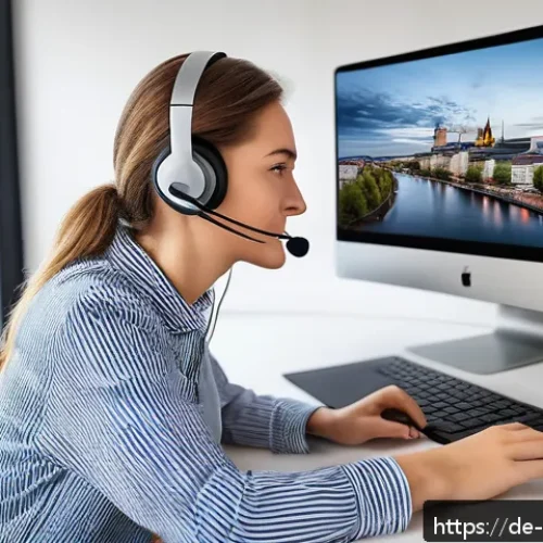 Home 17 관광통역안내사 직업 관련 트렌드 - A professional female interpreter working remotely from a cozy, modern home office in Germany, weari...