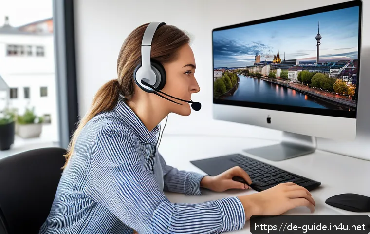 관광통역안내사 직업 관련 트렌드 - A professional female interpreter working remotely from a cozy, modern home office in Germany, weari...