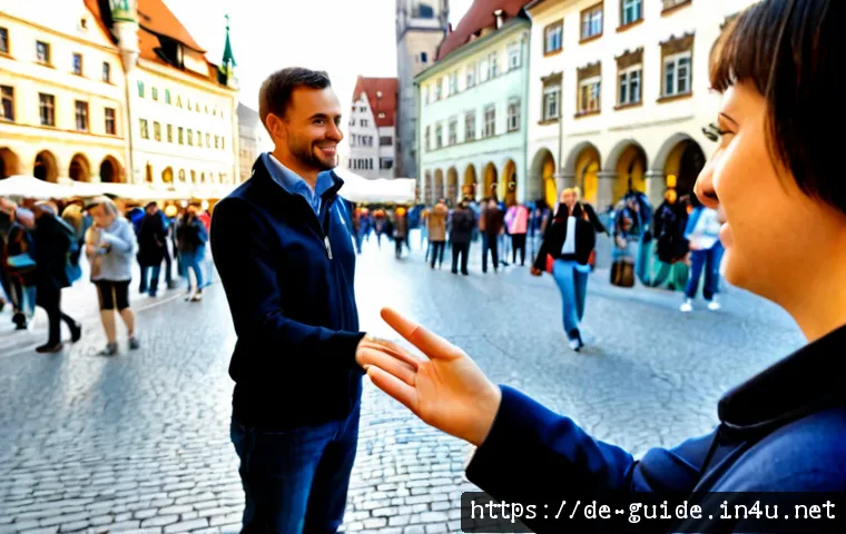 관광통역안내사 실무에서 유용한 표현 정리 - Photorealistic scene of a professional German-speaking tour guide warmly greeting a small group of i...
