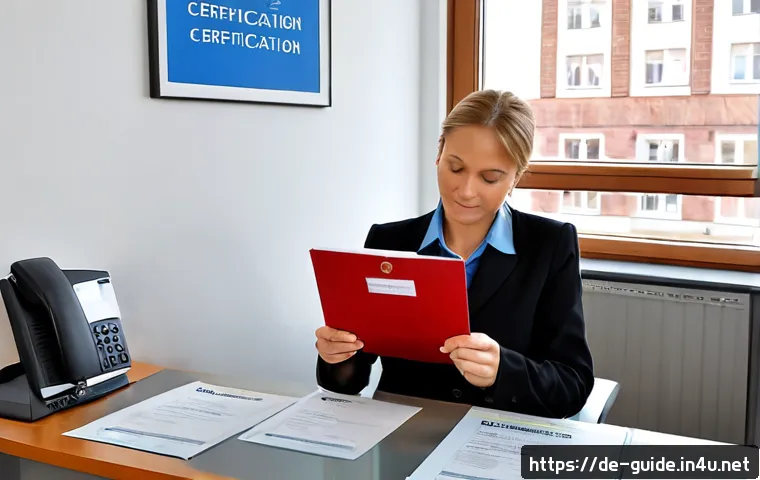 관광통역안내사 자격증 갱신 방법 - Photorealistic German-speaking tourist guide renewing professional certification at a bright municip...